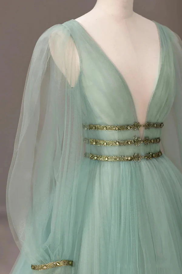 Wholesale Green Tulle Long Prom Dress with Sequins Green Long Sleeve Evening Party Dress