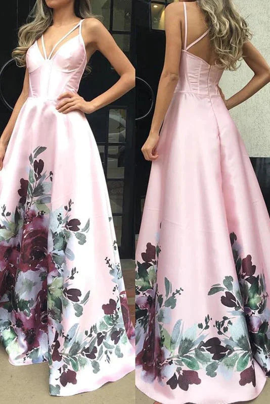 Wholesale Pink A Line Satin Floral Prints Spaghetti Strap A-Line Prom Dresses