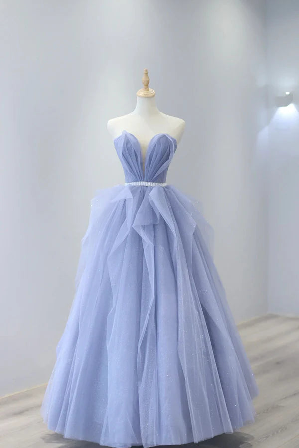 Wholesale Blue Strapless Tulle Long Prom Dress Lovely Sweetheart Neckline Evening Dress