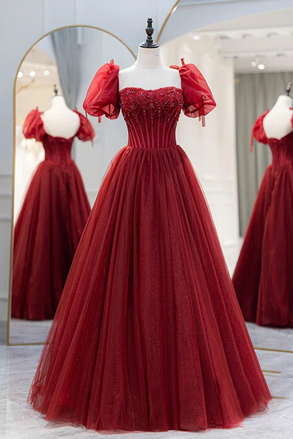 Wholesale Burgundy Tulle Beaded Long Prom Dress A-Line Short Sleeve Formal Dress