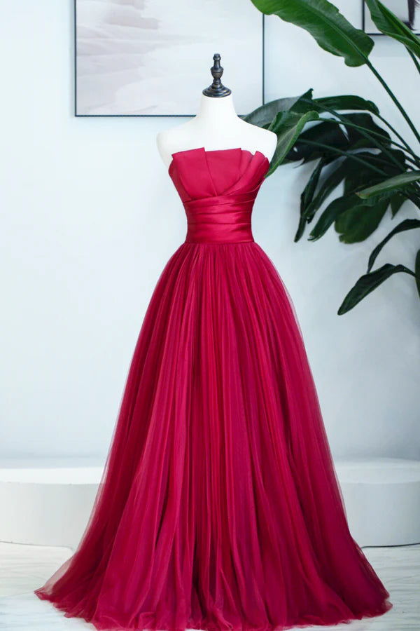 Wholesale Burgundy Satin Tulle Long Prom Dress A-Line Strapless Evening Dress