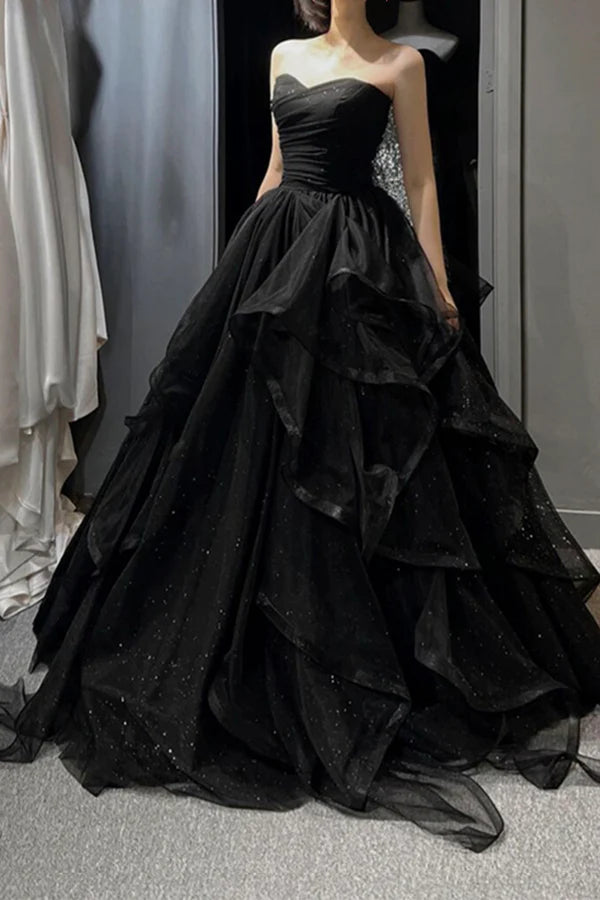 Wholesale Black Tulle Layers Long A-Line Prom Dress Black Strapless Evening Dress