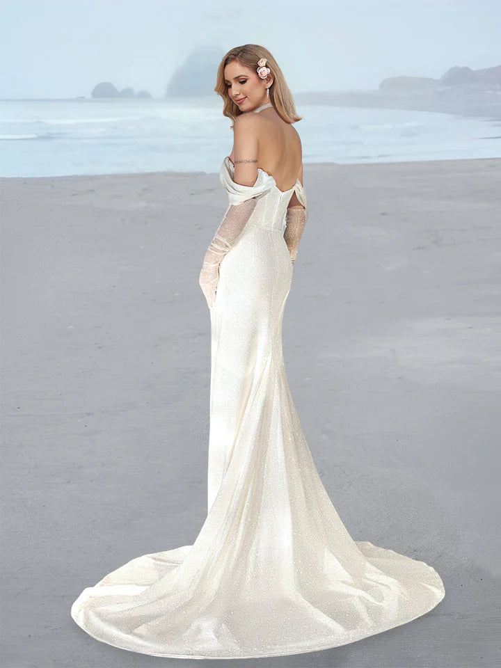 Wholesale Sheath/Column Off-The-Shoulder Floor-Length Wedding Dress With Sequins & Split Side