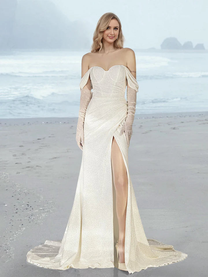 Wholesale Sheath/Column Off-The-Shoulder Floor-Length Wedding Dress With Sequins & Split Side