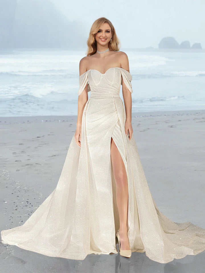 Wholesale Sheath/Column Off-The-Shoulder Floor-Length Wedding Dress With Sequins & Split Side