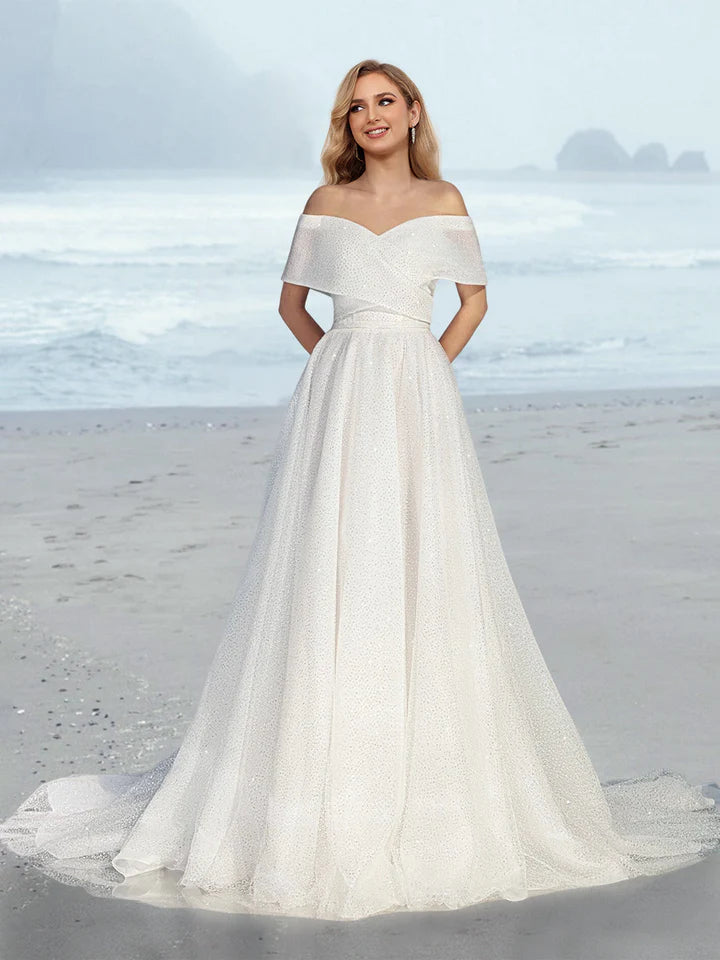 Wholesale A-Line/Princess Off-The-Shoulder Floor-Length Wedding Dress