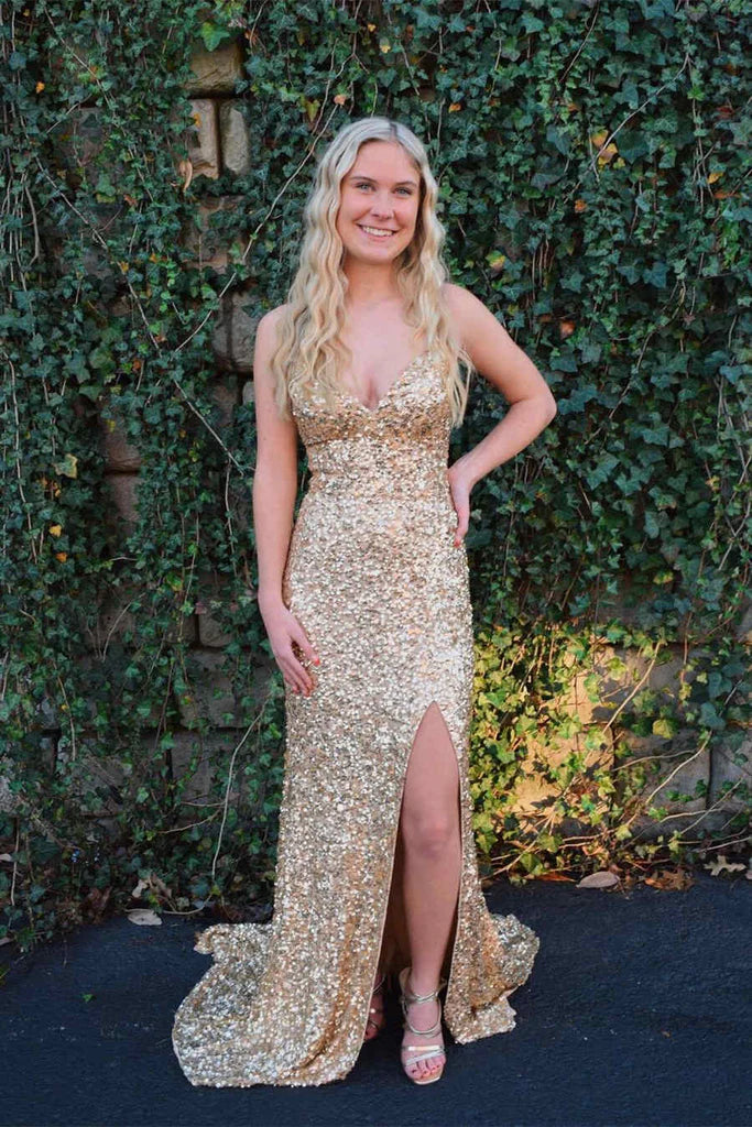 Wholesale Sexy Mermaid Sequins Spaghetti Straps Long Prom Party Dress With Slit