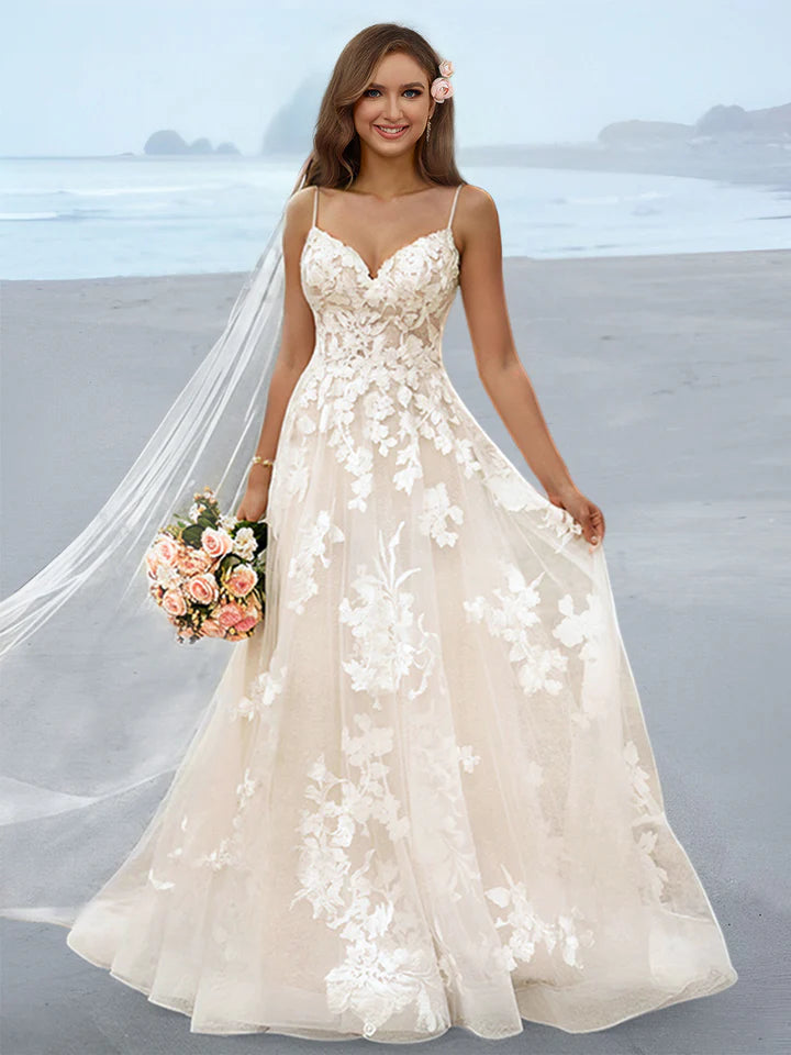 Wholesale A-Line/Princess Spaghetti Straps Floor-Length Wedding Dress With Applique