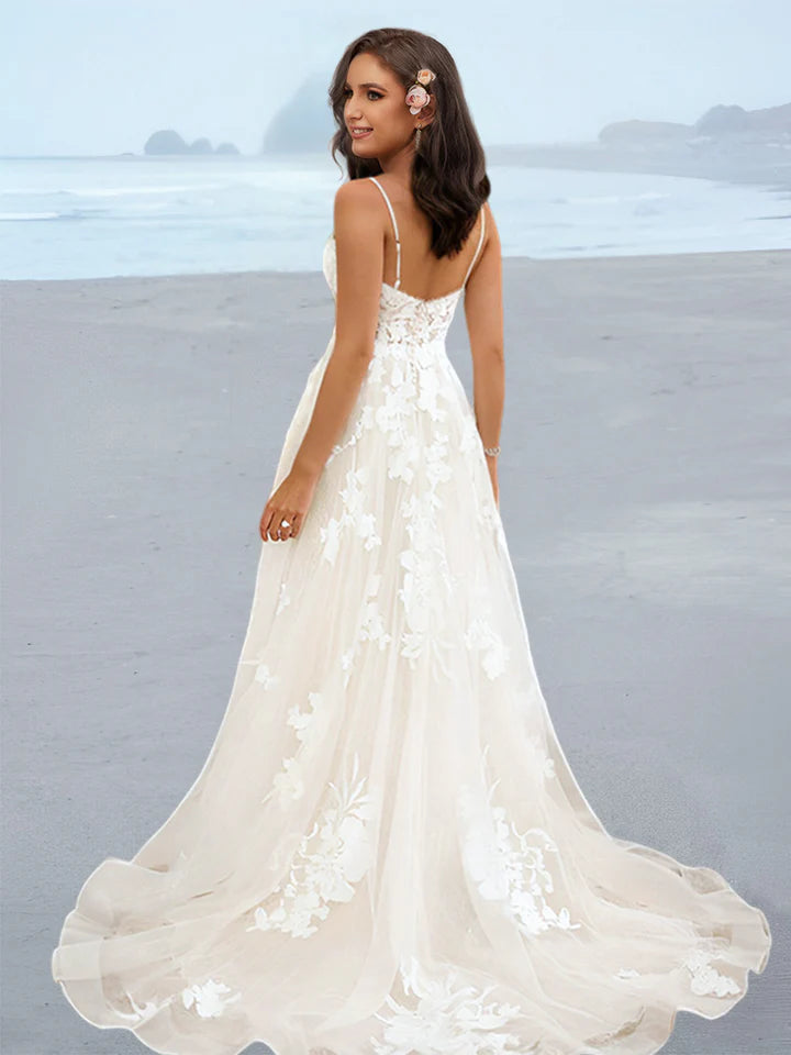 Wholesale A-Line/Princess Spaghetti Straps Floor-Length Wedding Dress With Applique
