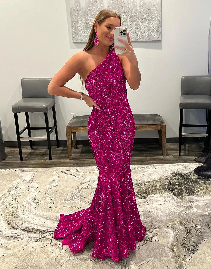 Wholesale Mermaid Glitter Sexy One-Shoulder Long Prom Dress With Sequins prom dresses with long sleeves