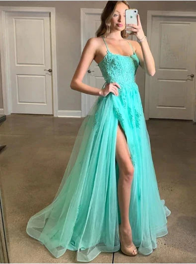 Wholesale Turquoise Backless Spaghetti Straps Split Appliqued Prom Dress
