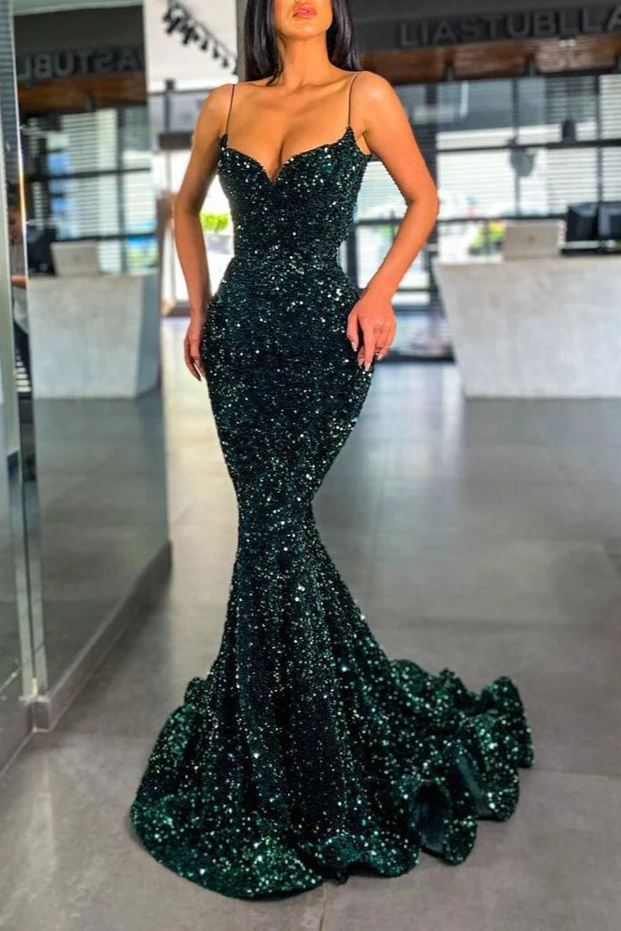 Wholesale Mermaid Spaghetti Strap Dark Green Sequins Long Prom Dress