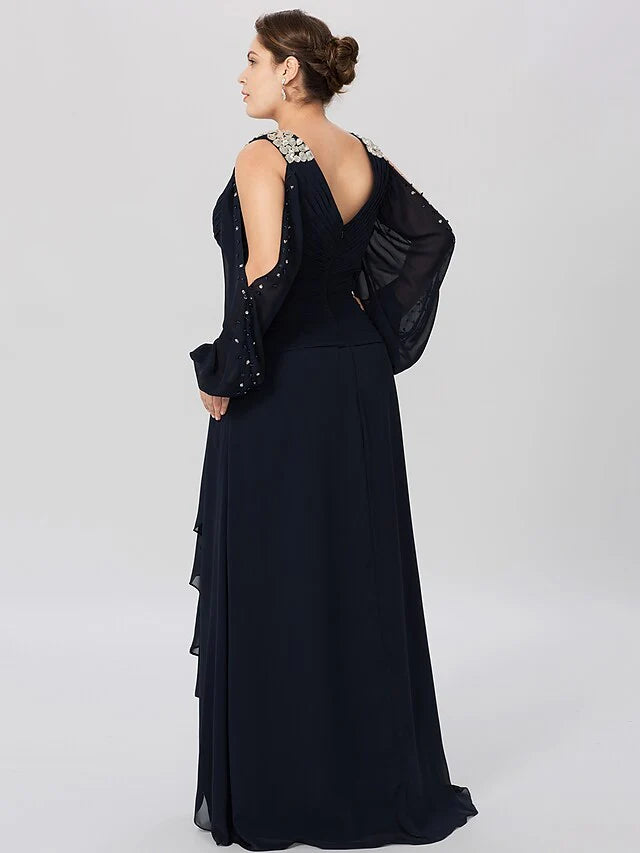 Wholesale Mother of the Bride Dress Classic & Timeless Elegant & Luxurious Plus Size V Neck Asymmetrical Chiffon Stretch Satin Long Sleeve with Criss Cross Crystals