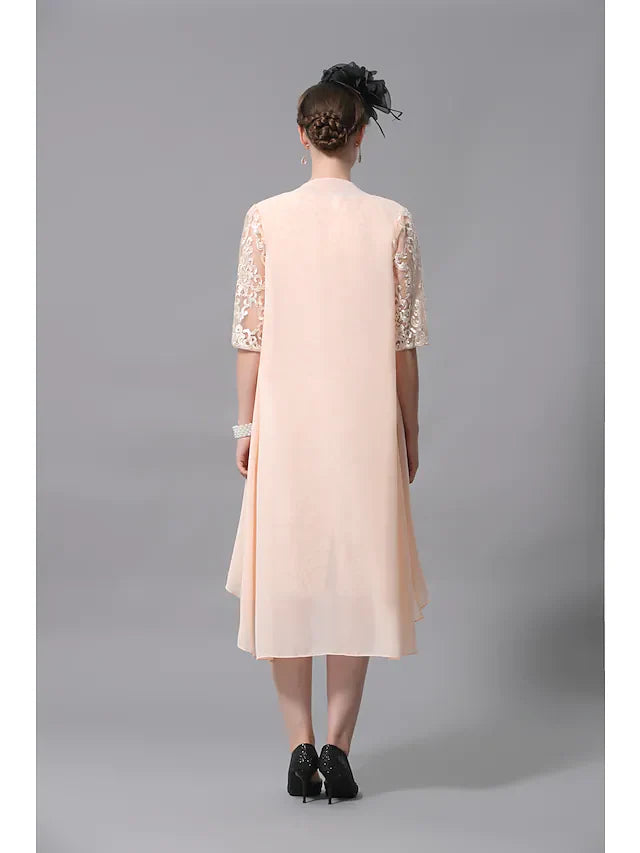 Wholesale Two Piece A-Line Mother of the Bride Dress Wrap Included Jewel Neck Knee Length Lace Half Sleeve with Appliques