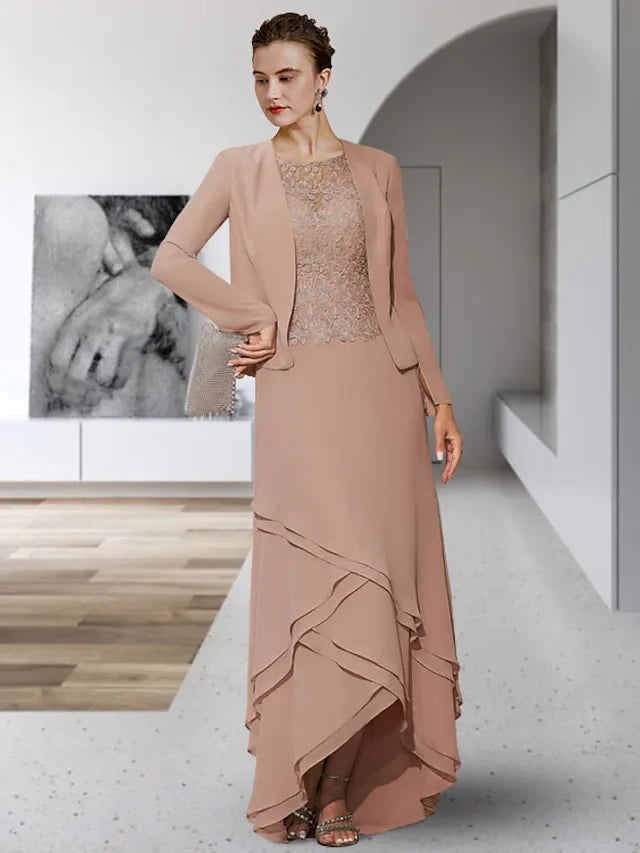 Wholesale Two Piece A-Line Mother of the Bride Dress Elegant Jewel Neck Asymmetrical Chiffon Lace Sleeveless with Tier Appliques