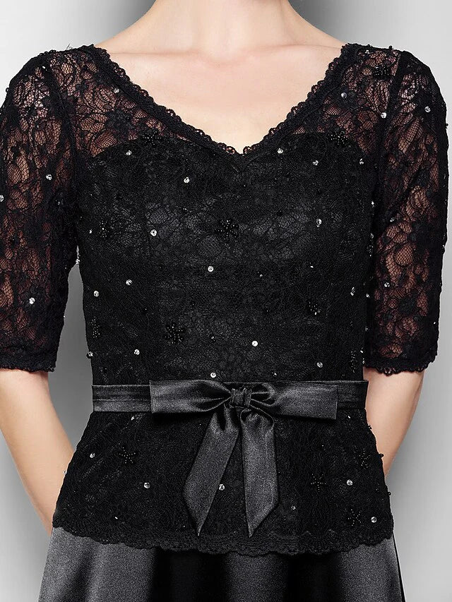 Wholesale Mother of the Bride Dress Elegant V Neck Floor Length Lace Stretch Satin Half Sleeve with Lace Sash Ribbon Bow(s)