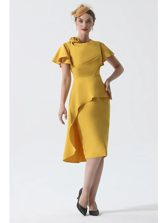 Wholesale Mother of the Bride Dress Elegant Cowl Neck Knee Length Stretch Satin Short Sleeve with Ruching