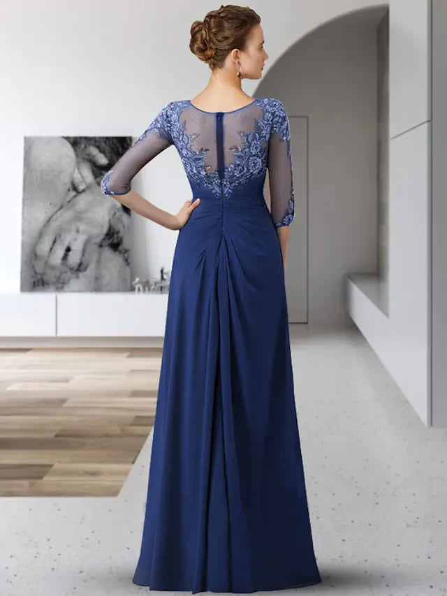 Wholesale Mother of the Bride Dress Elegant Jewel Neck Floor Length Chiffon Lace 3/4 Length Sleeve with Appliques Ruching