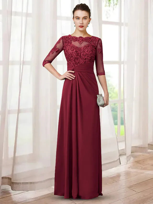 Wholesale Mother of the Bride Dress Elegant Jewel Neck Floor Length Chiffon Lace Half Sleeve with Appliques Ruching