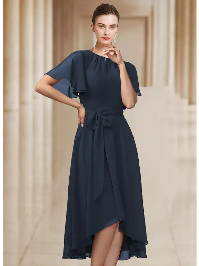 Wholesale A-Line Mother of the Bride Dress Elegant Jewel Neck Asymmetrical Chiffon Short Sleeve with Bow(s) Pleats