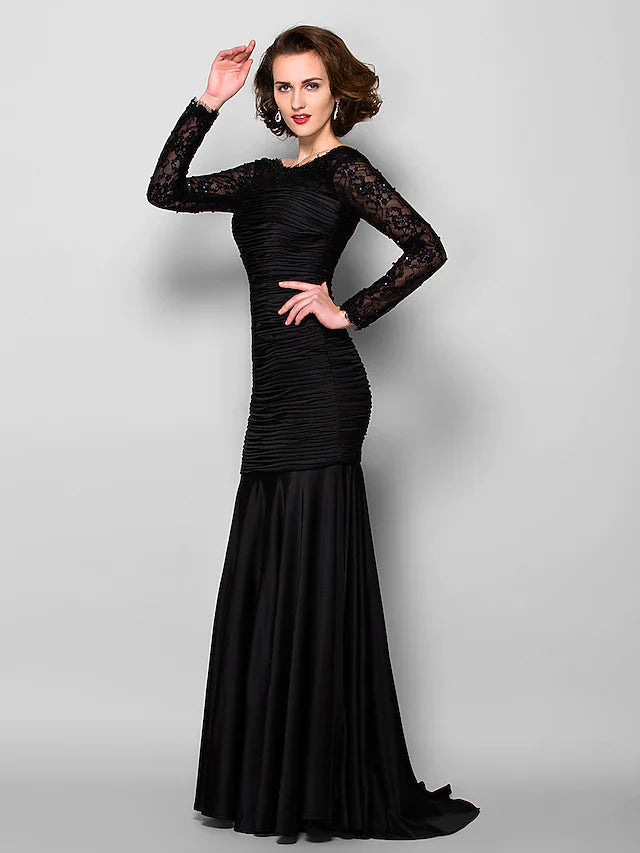 Wholesale Mother of the Bride Dress Beautiful Back Jewel Neck Lace Jersey Long Sleeve with Lace Ruched Beading