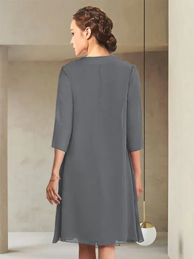 Wholesale Mother of the Bride Dress Elegant Jewel Neck Knee Length Chiffon Length Sleeve with Ruching