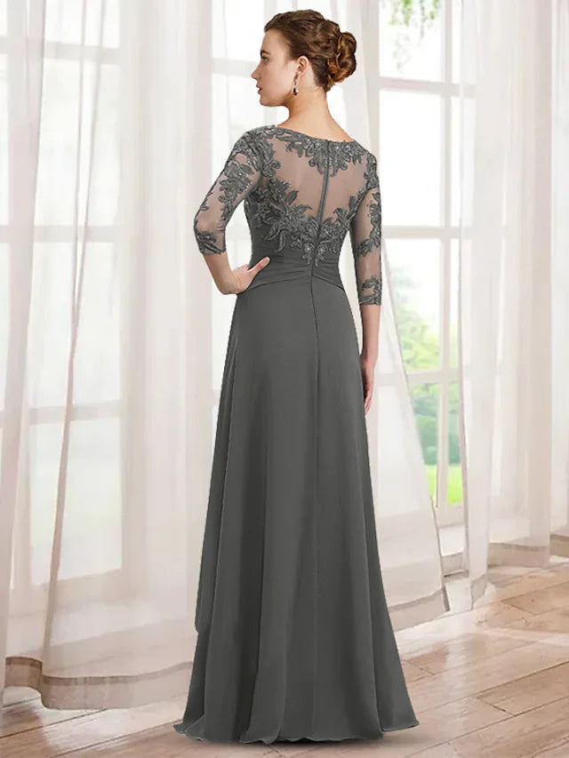 Wholesale A-Line Mother of the Bride Dress Elegant V Neck Floor Length Chiffon Lace Length Sleeve with Ruffles Appliques