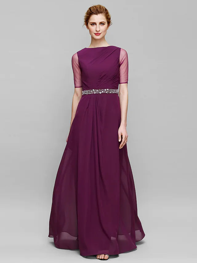 Wholesale Mother of the Bride Dress Elegant Bateau Neck Floor Length Chiffon Tulle Half Sleeve with Beading