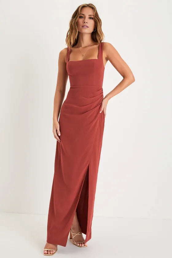 TingPo Wholesale Signature Elegance Glamorous Disposition Rust Ruched Maxi Dress formal wear dresses