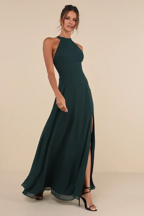 TingPo Wholesale Signature Elegance Confidently Charismatic Emerald Backless Halter Maxi Dress formal wear dresses