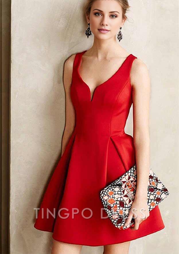TingPo Wholesale Pretty A-line V Neck Short/Mini Satin Homecoming Dress
