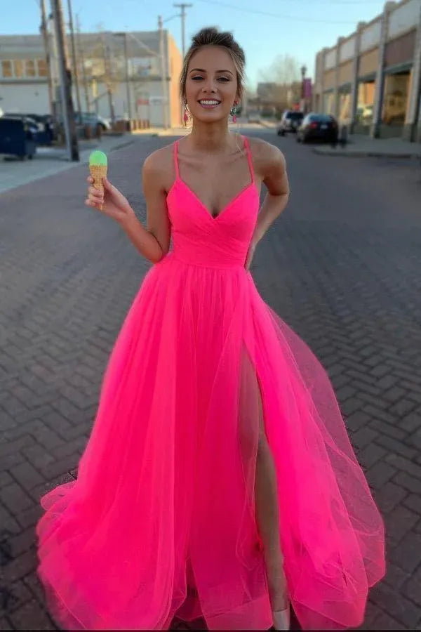 TingPo Wholesale A Line V Neck Hot Pink Tulle Prom Dresses Formal Dresses