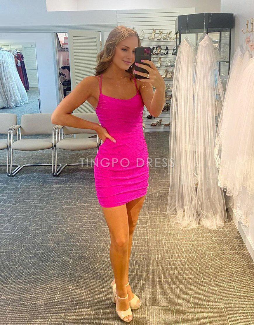 TingPo Wholesale Lace Up Spaghetti Straps Short Homecoming Dress Pink Party Dress formal wear dresses
