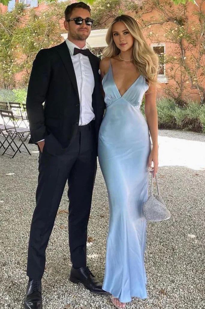 TingPo Wholesale Elegant Blue Deep V-Neck Satin Sleeveless Sheath Long Formal Evening Dress