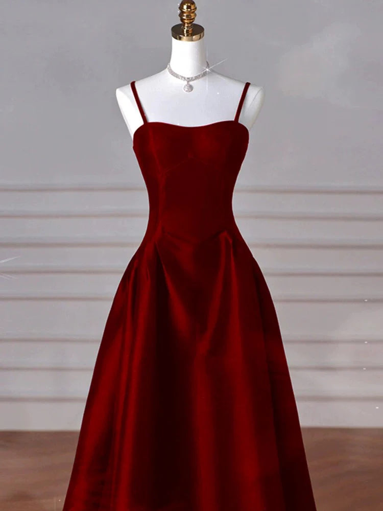TingPo Wholesale A-line Navy Blue Satin Straps Long Formal Dress BURGUNDY Prom Dress