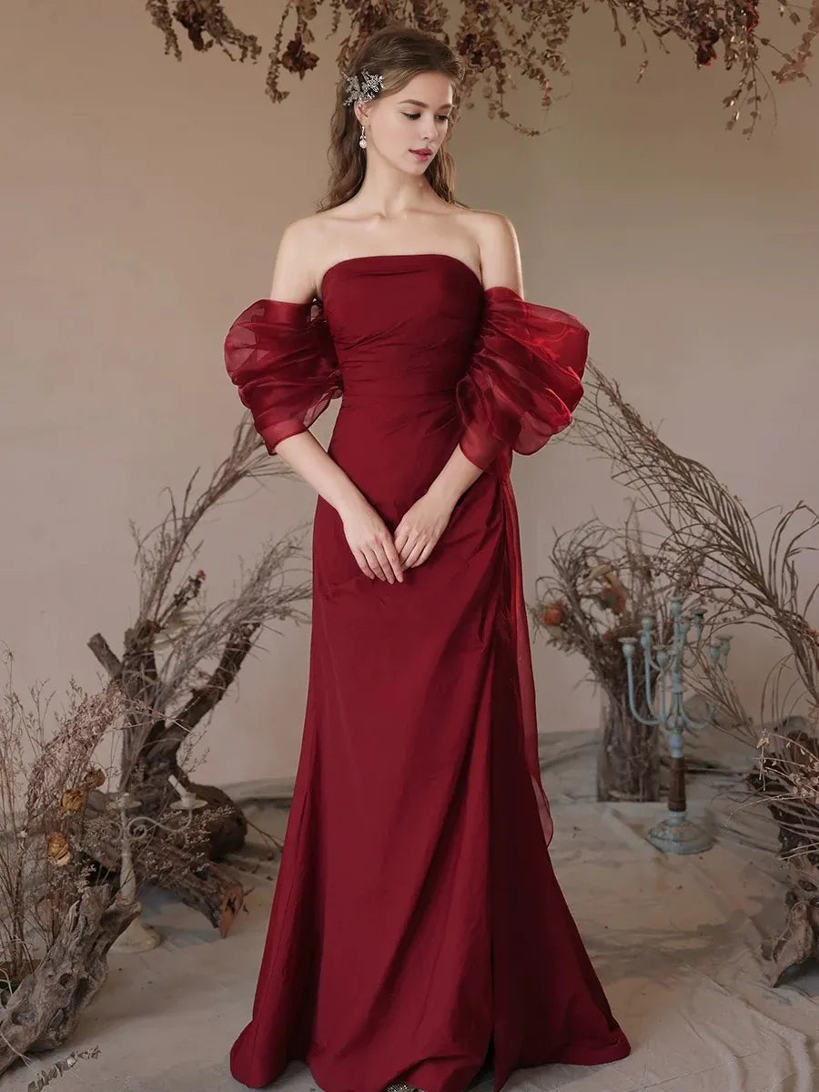 Wholesale Simple Off Shoulder Satin Burgundy Long Prom Dress Burgundy Evening Dress gowns evening dresses