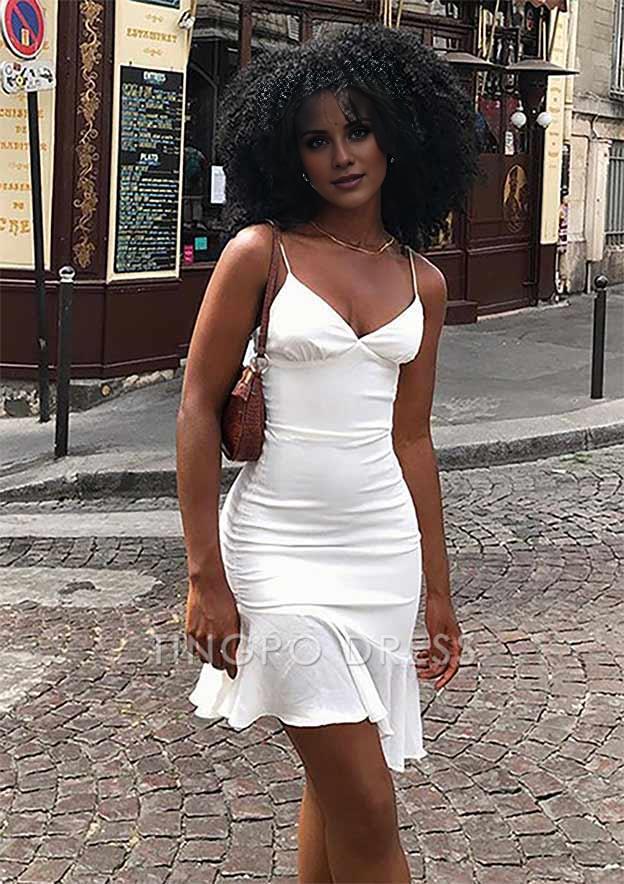 TingPo Wholesale Sheath/Column V Neck Sleeveless Short/Mini Elastic Satin Stretch Crepe Homecoming Dress