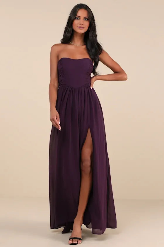 TingPo Wholesale Signature Elegance Luxe Favorite Dark Purple Strapless Ruched Maxi Dress formal wear dresses