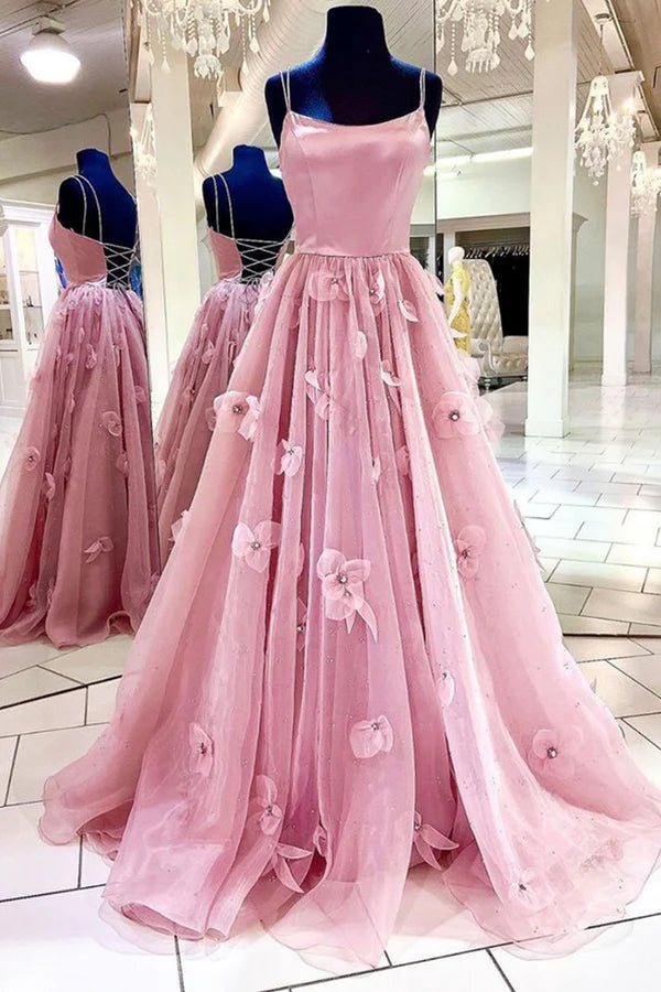 Wholesale Pink Tulle Long A-Line Prom Dress Pink Spaghetti Strap Backless Evening Dress