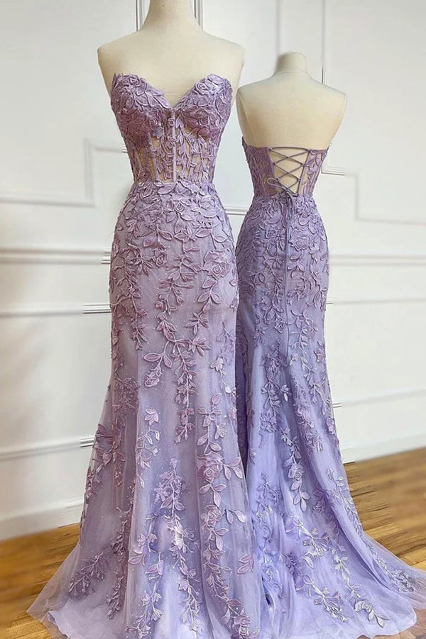 Wholesale Purple Lace Long Mermaid Prom Dresses Beautiful Strapless Evening Dresses