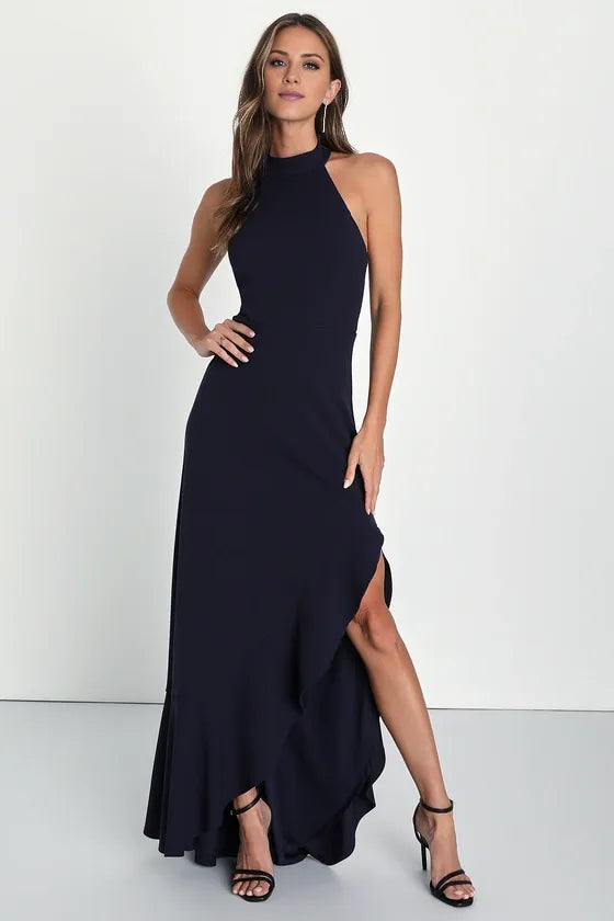 TingPo Wholesale Signature Elegance Majestic Perfection Navy Blue Ruffled Halter Maxi Dress formal wear dresses