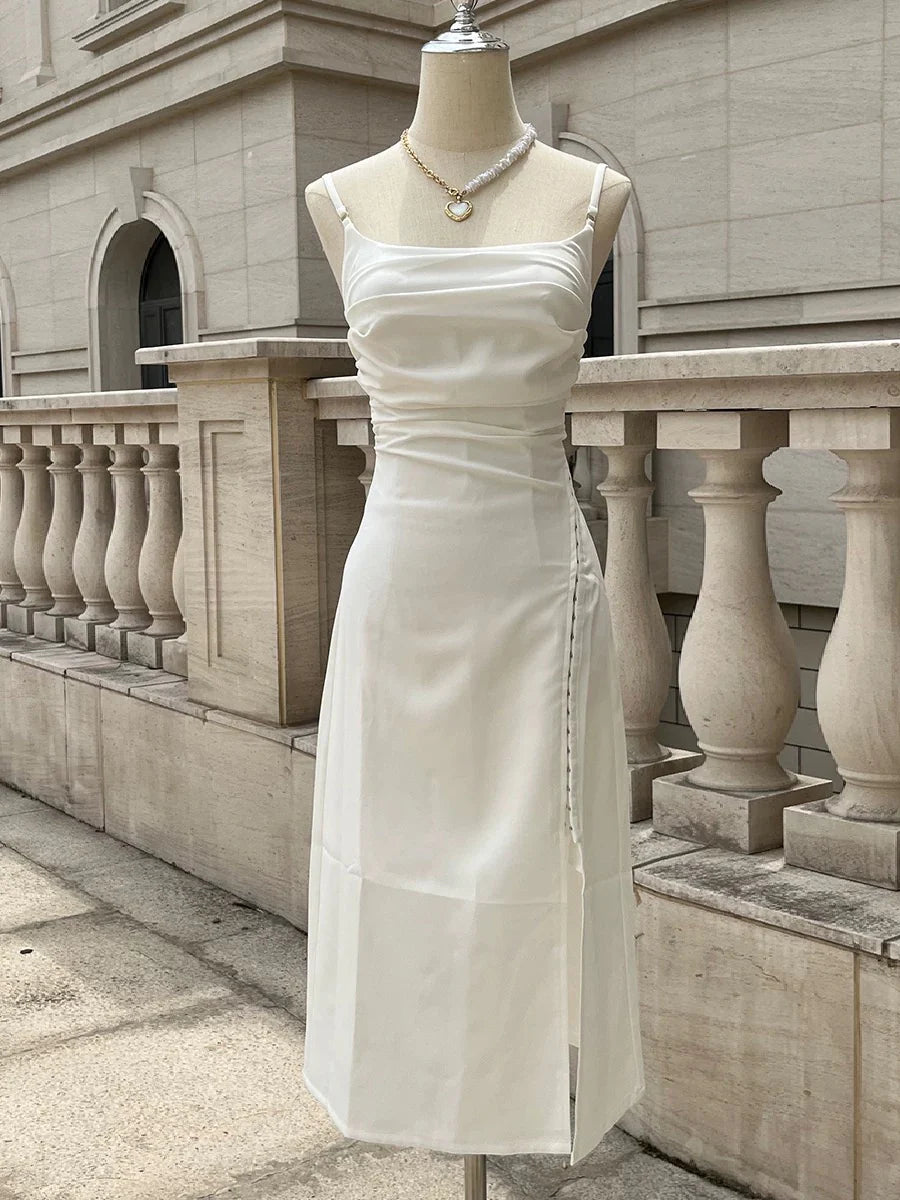 TingPo Wholesale Classy A Line Spaghetti Straps Ivory Chiffon Tea Length Prom Dresses Evening Dress With Split