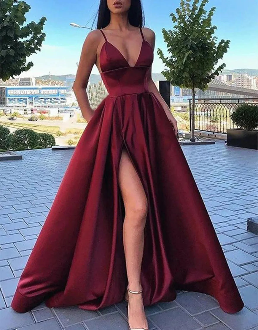 Wholesale A-Line V-Neck Burgundy Prom Dress With Legsplit prom dresses shops