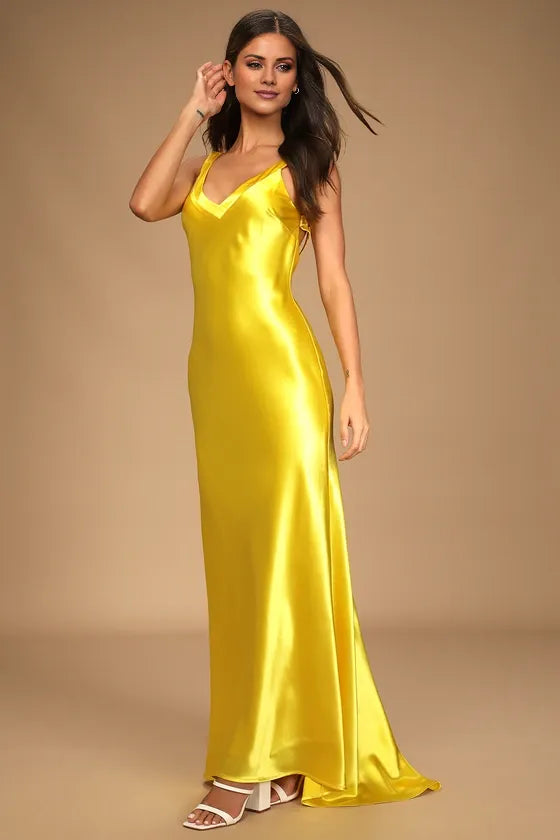 TingPo Wholesale Elegant Perfectly Yellow Satin Strappy Maxi Dress formal wear dresses