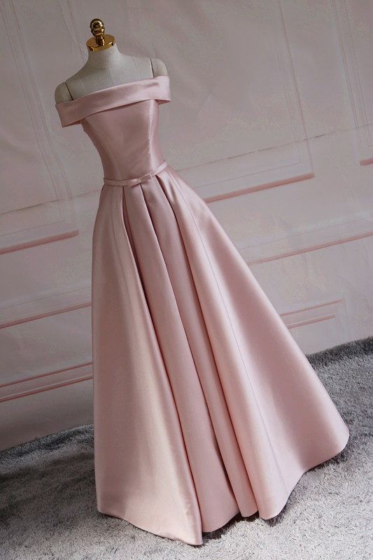 TingPo Wholesale Modest Pink Satin Off The Shoulder Long Bridesmaid Dress Prom Dresses
