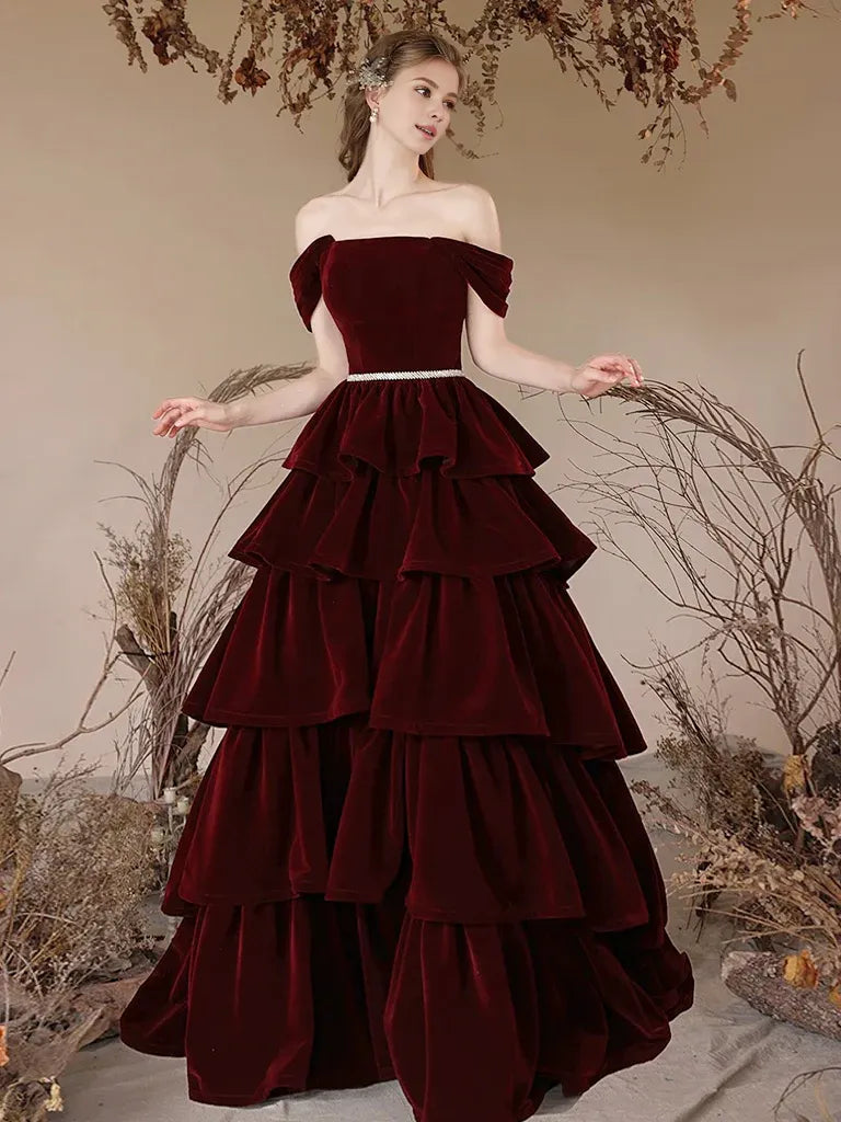 Wholesale A-Line Off Shoulder Velvet Burgundy Long Prom Dress Burgundy Long Formal Dressgowns evening dresses ﻿