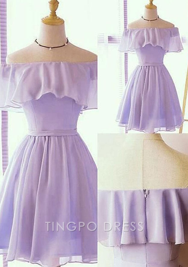 TingPo Wholesale A-line Off-the-Shoulder Short Sleeve Short/Mini Chiffon Homecoming Dress with Pleated