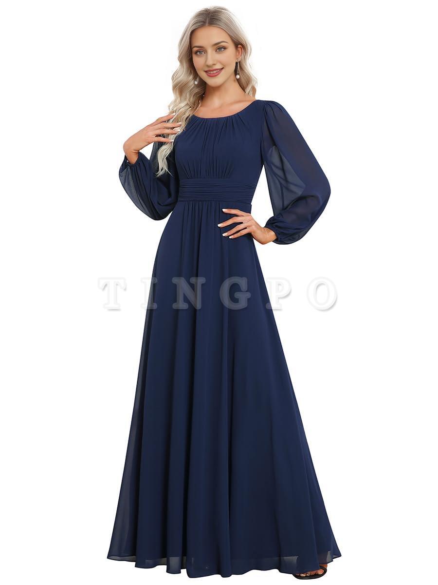 Wholesale Women's Crewneck Lantern Sleeves A-Line Pleated Chiffon Maxi Formal Dress prom dress shop