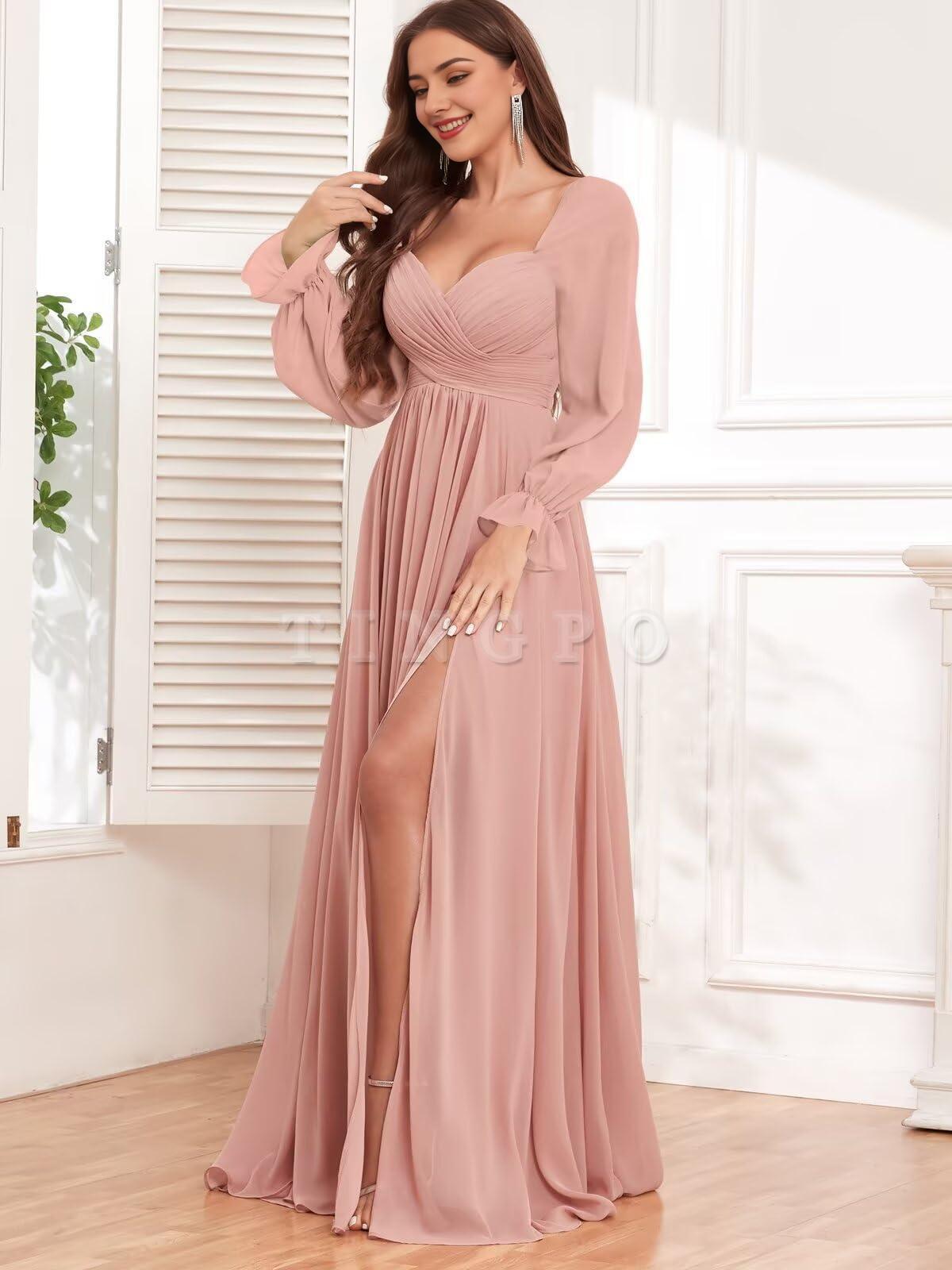 Wholesale Long Sleeve Bridesmaid Dresses for Women Chiffon Pleated Formal Evening Gowns with Slit prom dress shop