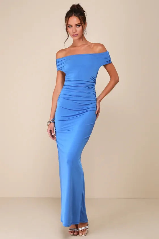 TingPo Wholesale Signature Elegance Brilliant Blue Off-the-Shoulder Backless Maxi Dress formal wear dresses